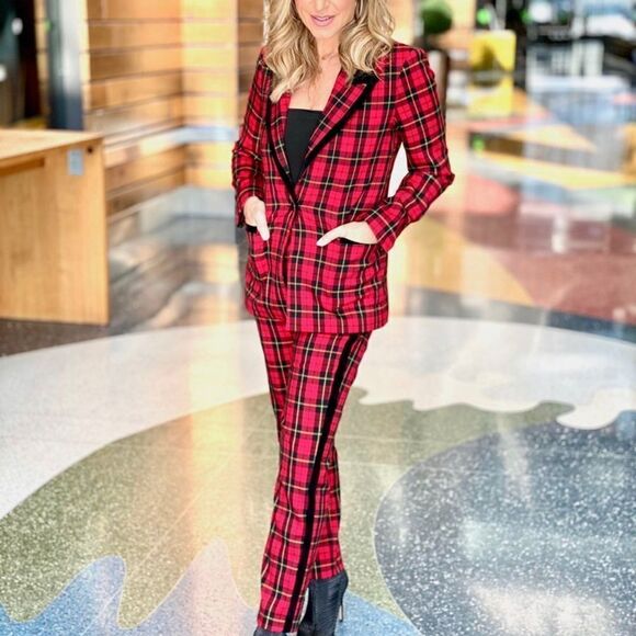 Maje blazer vanty plaid peak lapel red sz 40 academia preppy schoolgirl Scottish - Picture 7 of 13